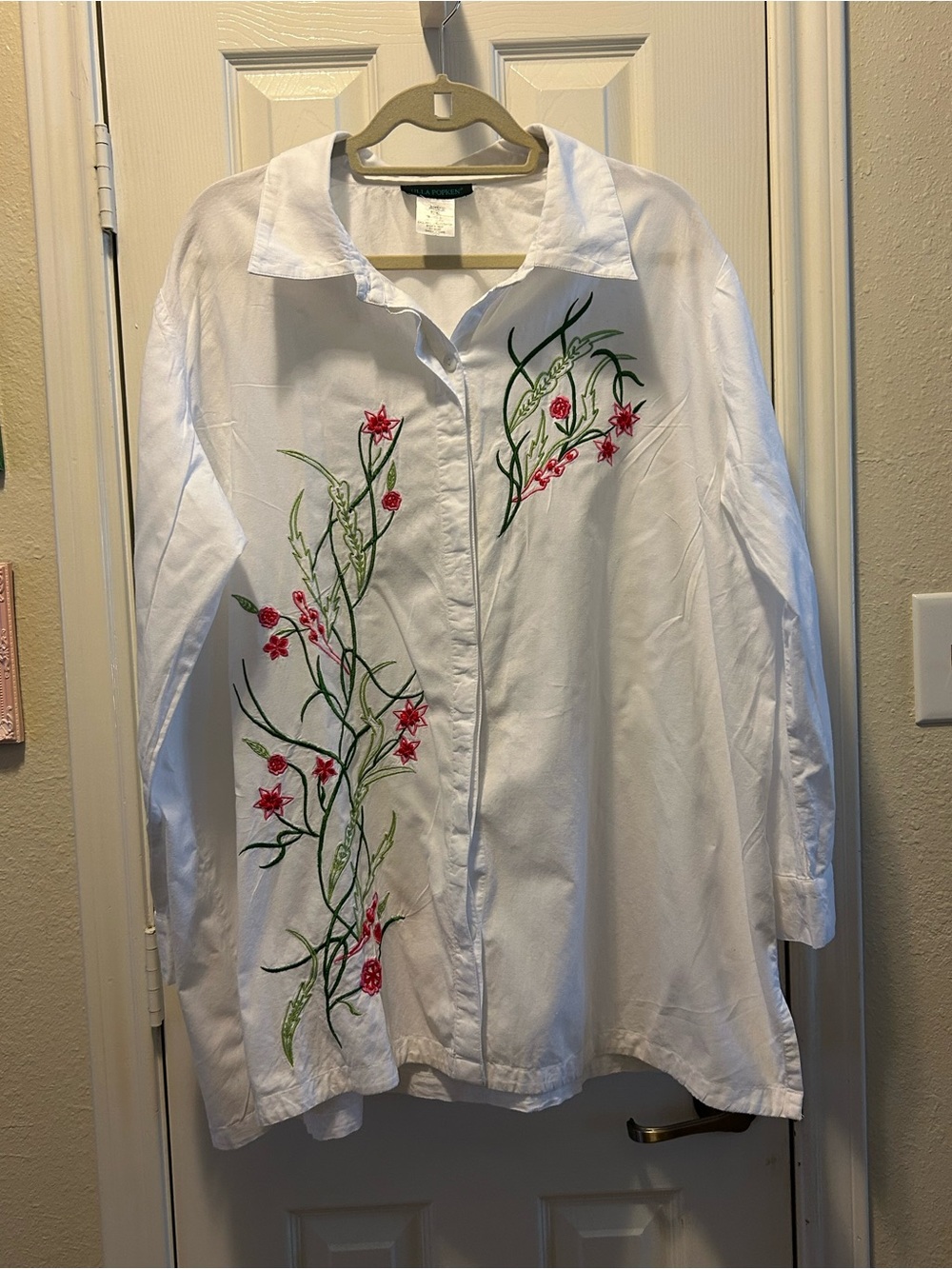 Ulla Popken White Button-Down Shirt with Red Floral Embroidery